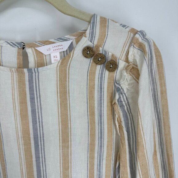 3/$25 Lauren Conrad Striped Blouse Top XS Linen Blend Ruffle‎ Trim 3/4 Sleeves - Picture 5 of 7